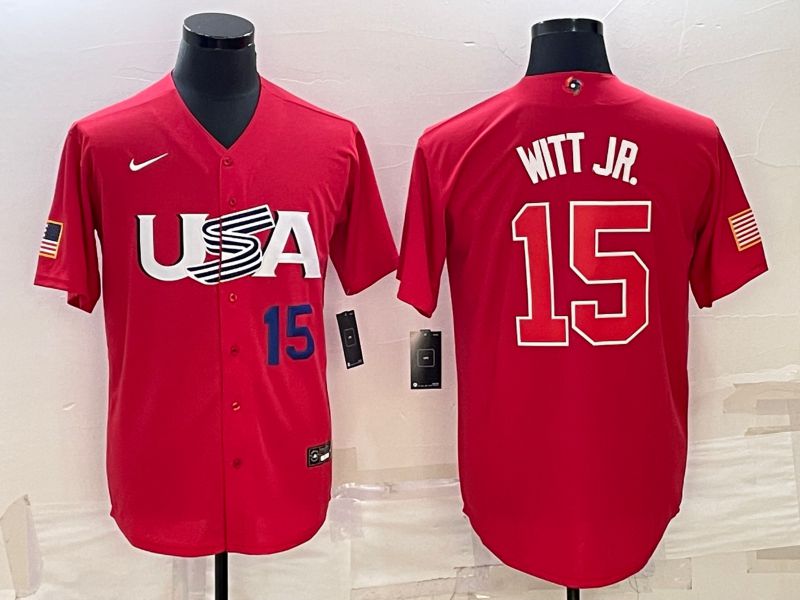 Men 2023 World Cub USA 15 Witt jr Red Nike MLB Jersey1